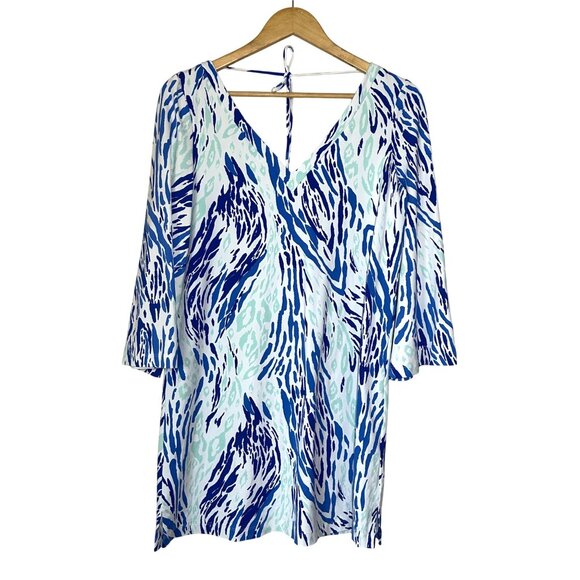 Persifor Double V Neck Printed Shift Dress Blue Womens Size M Resort Preppy Boho - Picture 1 of 8